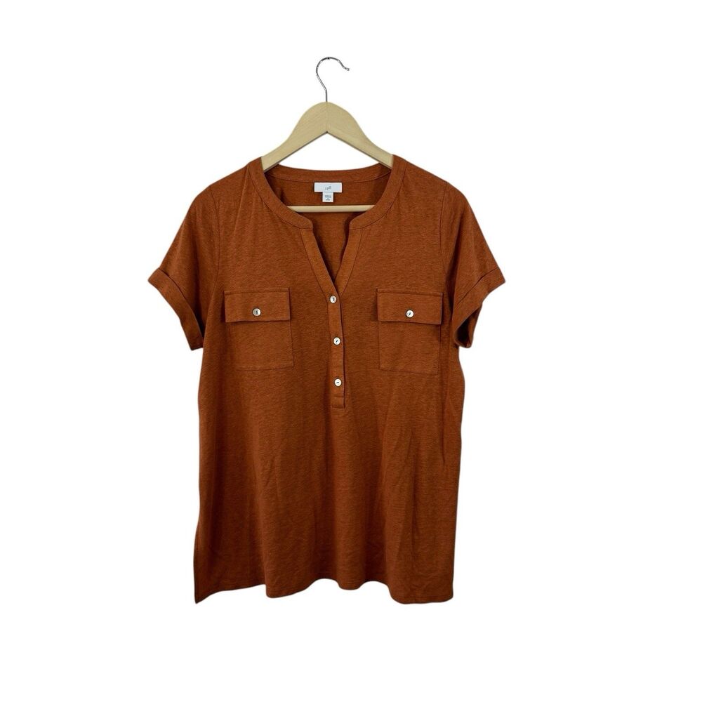 J Jill Medium Petite MP Top Orange Linen Blend Shell Button Henley Womens READ